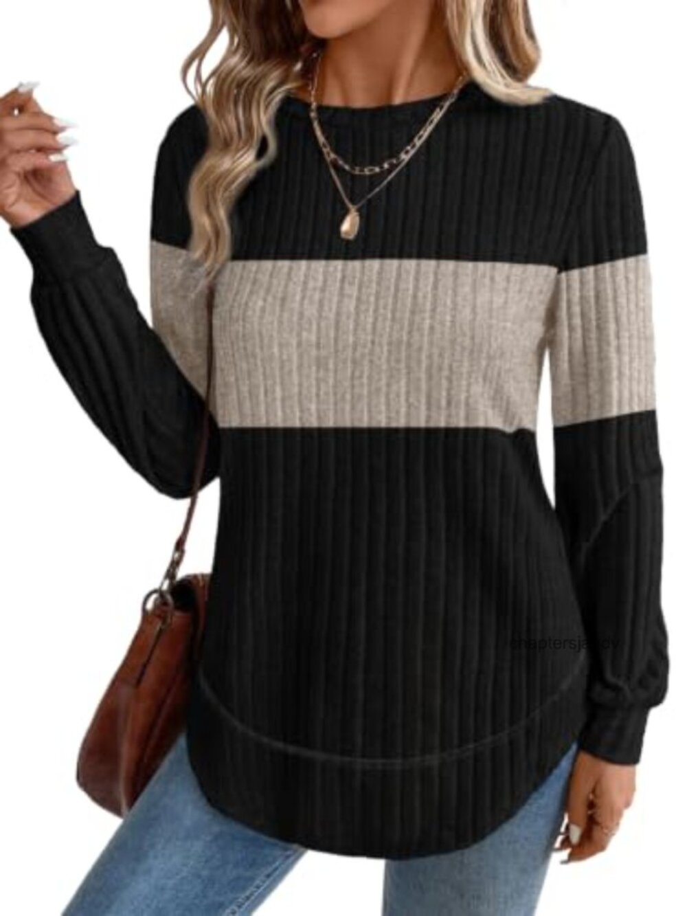 Womens Tunic Sweater Crew Neck Long Sleeve Curved Hem Loose Fit Top